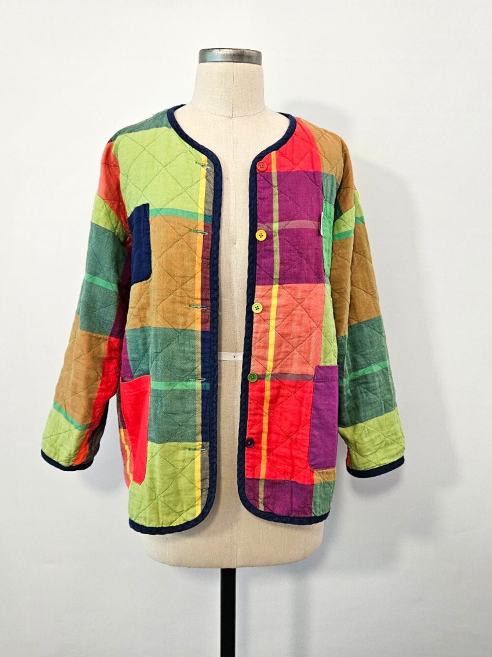 Vintage Benetton Rainbow Patchwork Quilted Colorblock Plaid Liner Jacket M/L - Picture 2 of 13